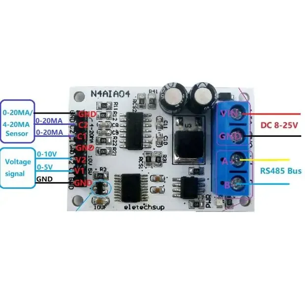 

DC 12V 4-20mA 0-5V 0-10V Voltage Signal Acquisition RS485 Modbus RTU Module for PLC Current Transmitter Measuring Instruments