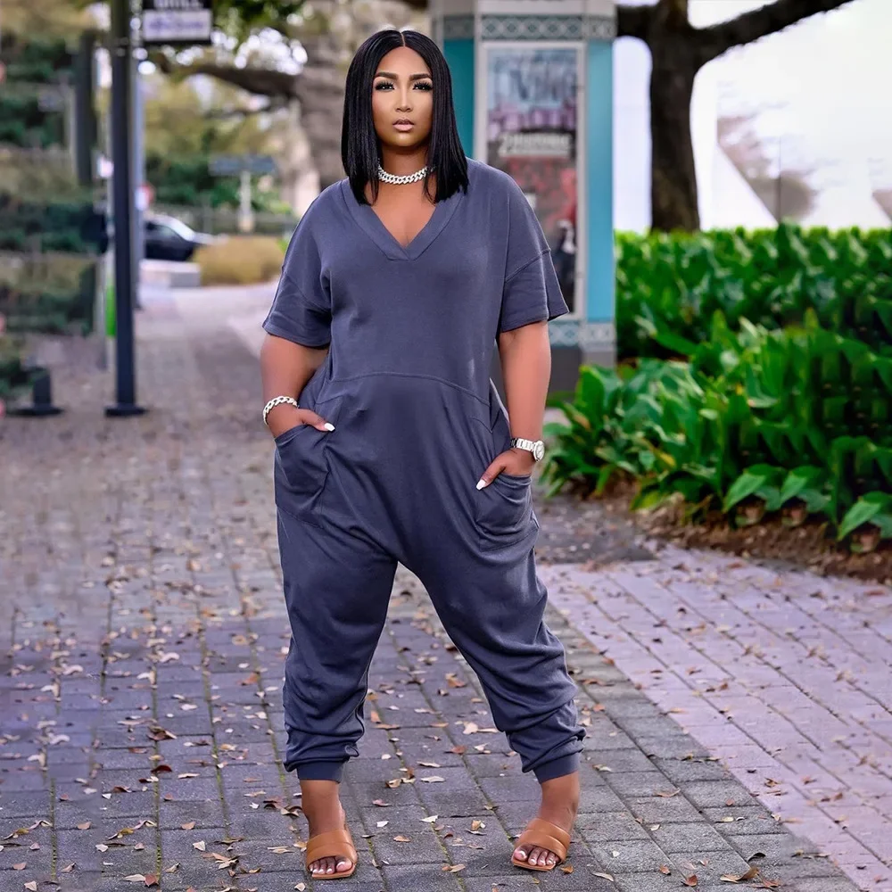 Chocomist Jumpusits Fashion Casual Solid V-neck Loose Women Jumpsuits F8059