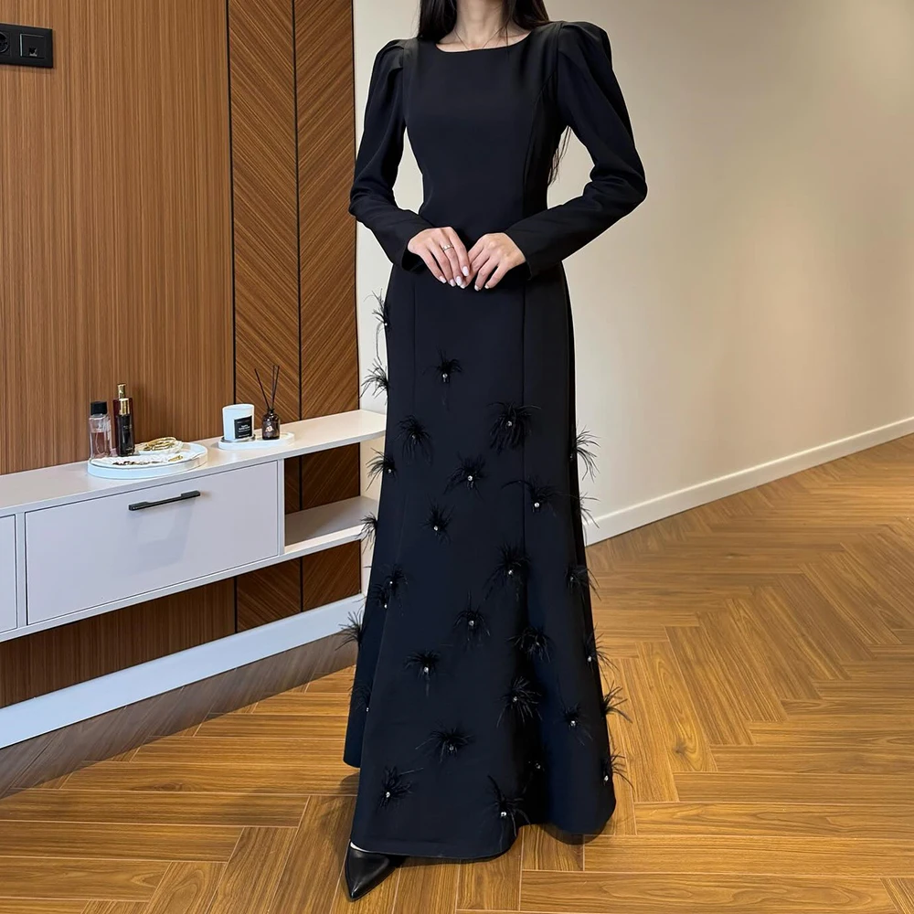 

Customized A-line Evening Dresses Floor-length Scoop-neck Full Sleeve Prom Gown Fashion Feathers Crystal Draped Party Gown