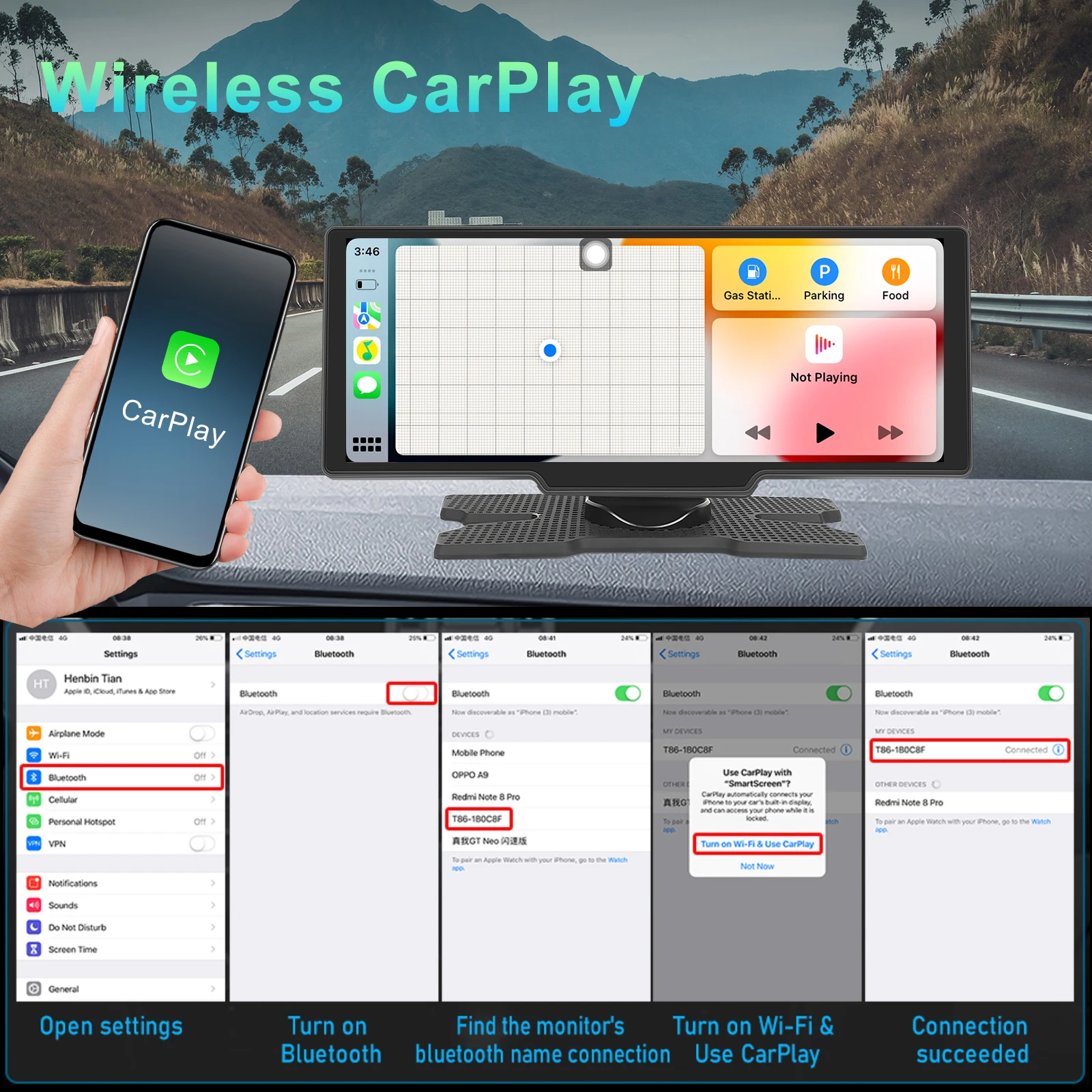 Podofo Wireless Carplay لوحة القيادة الرقمية المحمولة Android Auto 10.26 بوصة مشغل ذكي مع التحكم الصوتي 1080P BT TF