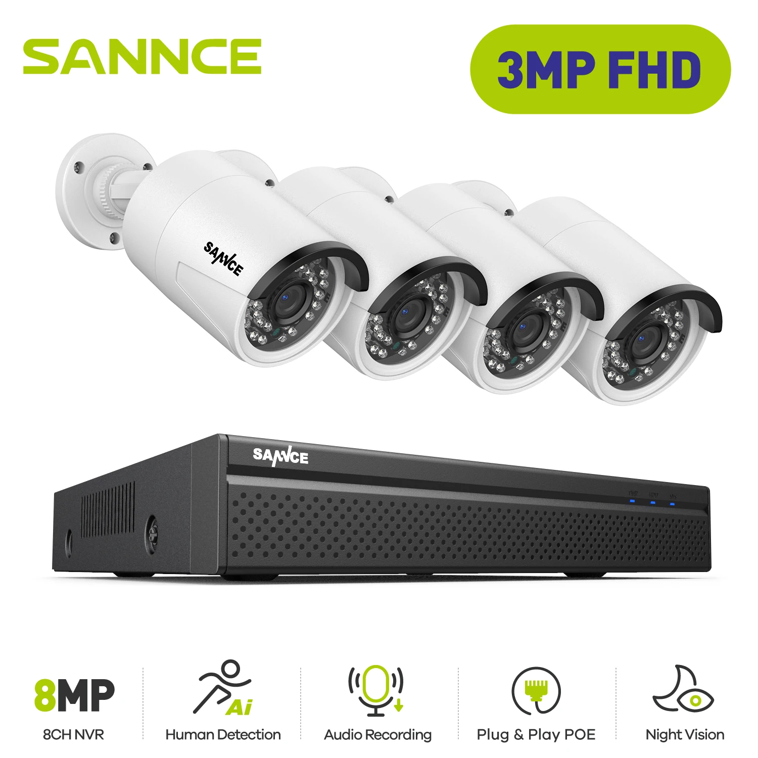 

SANNCE 3MP Security Camera System,Outdoor Waterproof IP Camera with Mic Audio Record Night Vision Video Surveillance Camera Kit