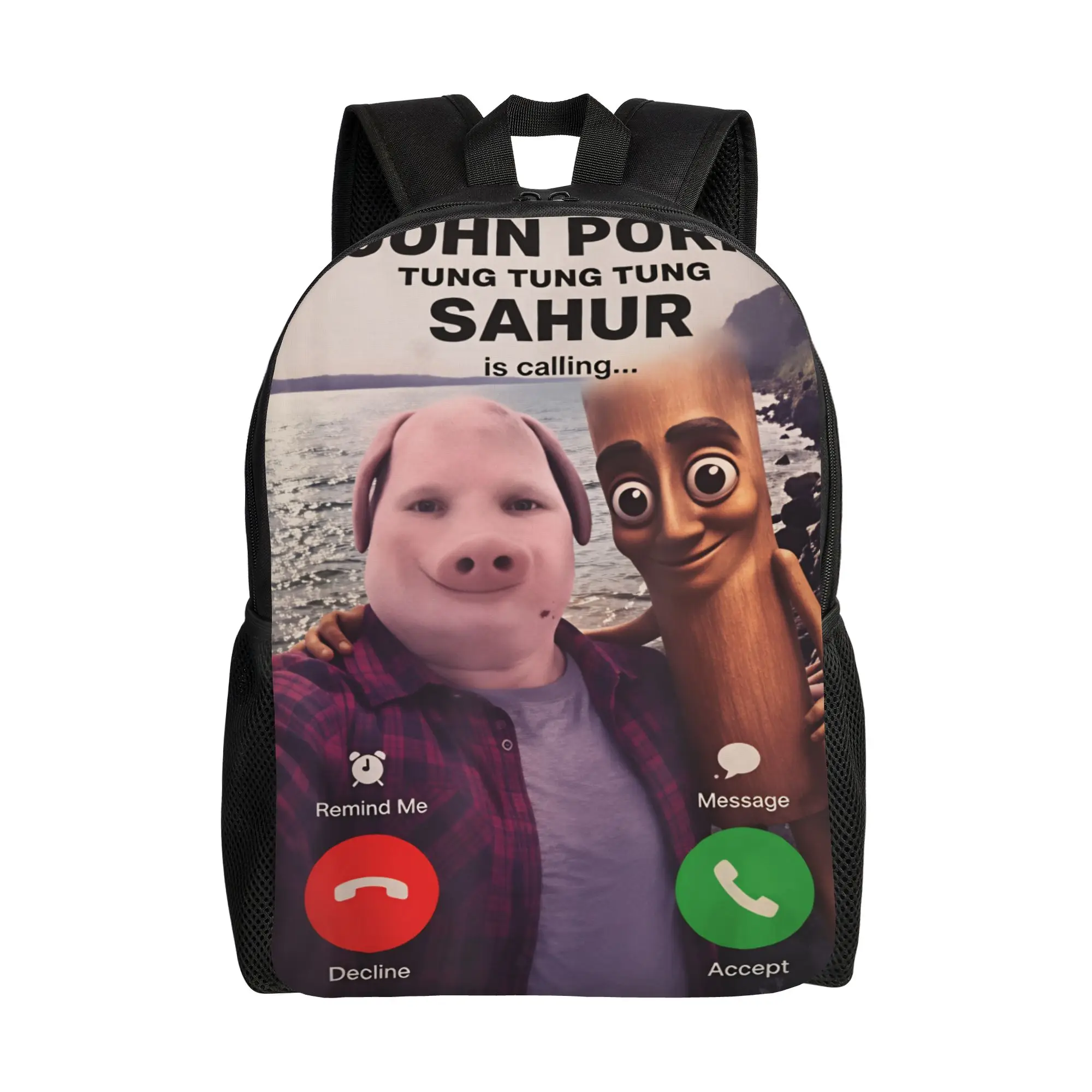 John Pork and Tung Tung Tung Sahur Front Door Backpack  Workout Backpacks Student High Quality  Kawaii Rucksack