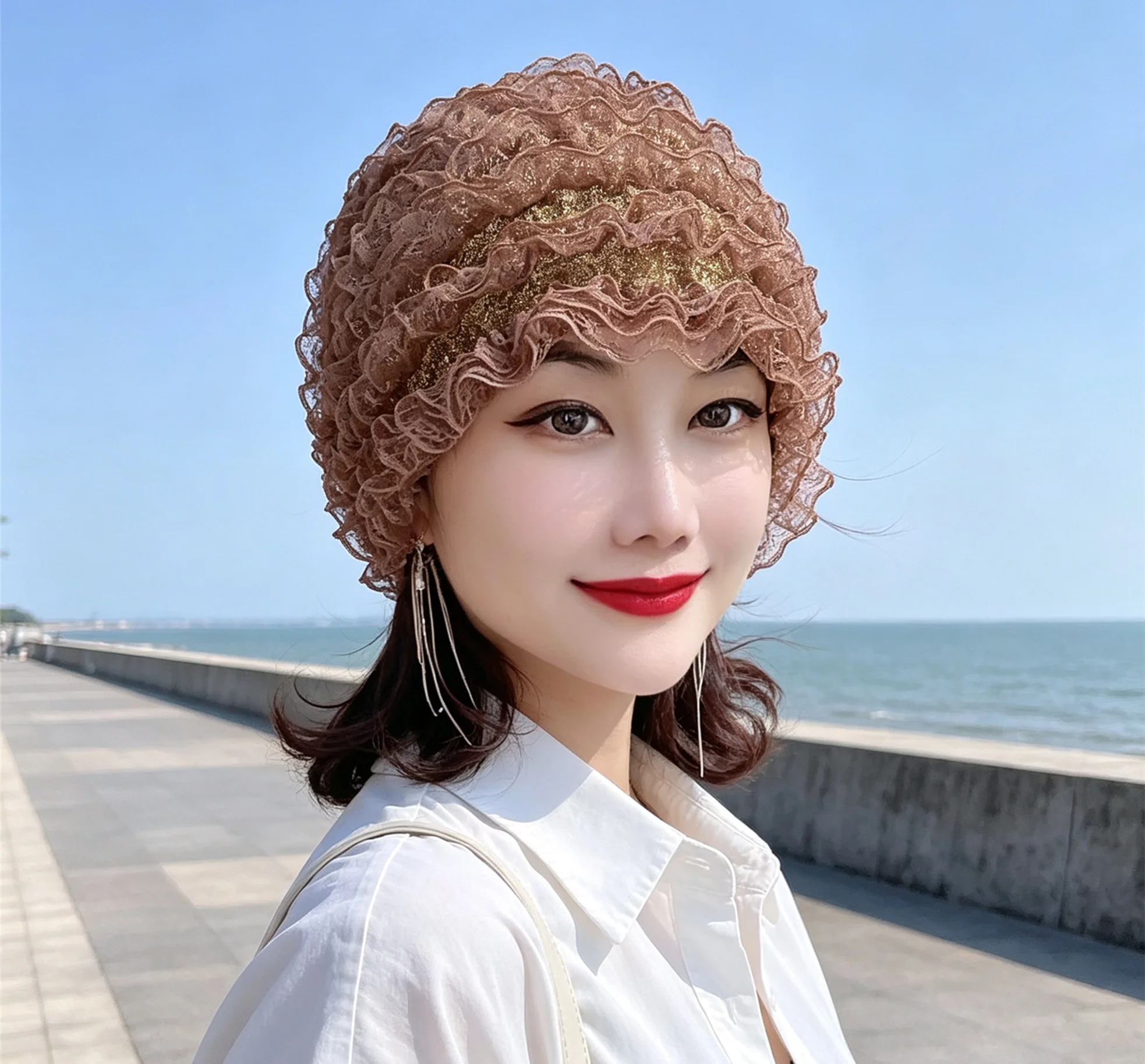 New Beauty Yarn Elastic Lace Cap To Cover White Hair and Broken Hair Loss Chemo Caps Fashion Breathable Hat Beanies Bonnet Women