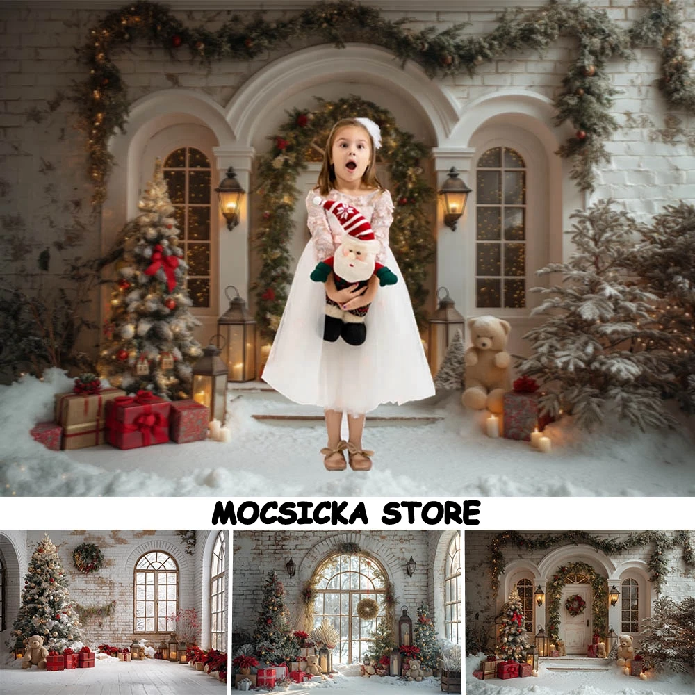 

Mocsicka Christmas Backdrop for Photography White Brick Wall Vintage Wall Winter Snow Scene Xmas Tree Children Photo Backgrounds