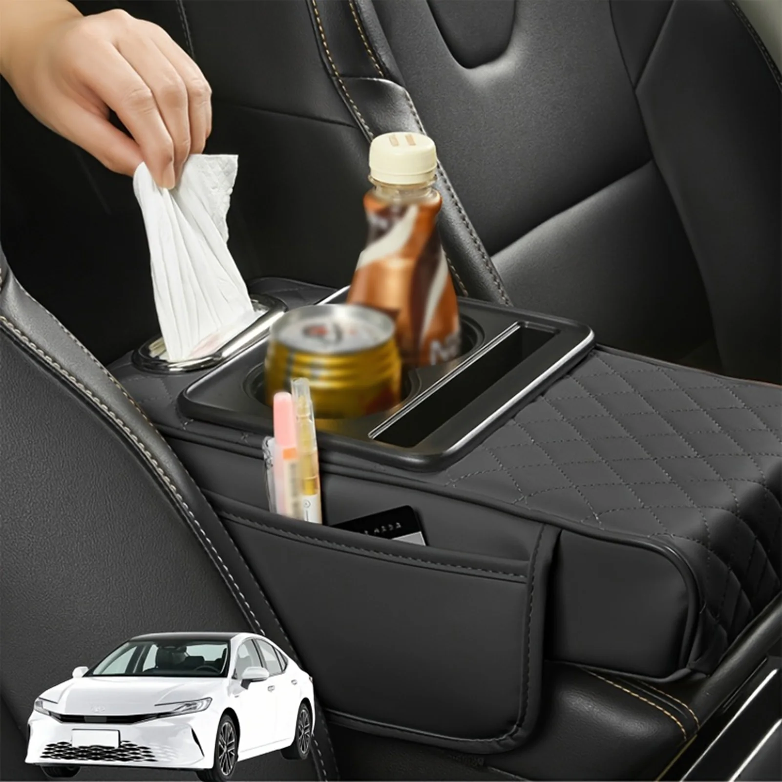 Caja para reposabrazos de coche, organizador de almacenamiento con portavasos y caja de pañuelos, accesorios multifuncionales para coche para mayor comodidad