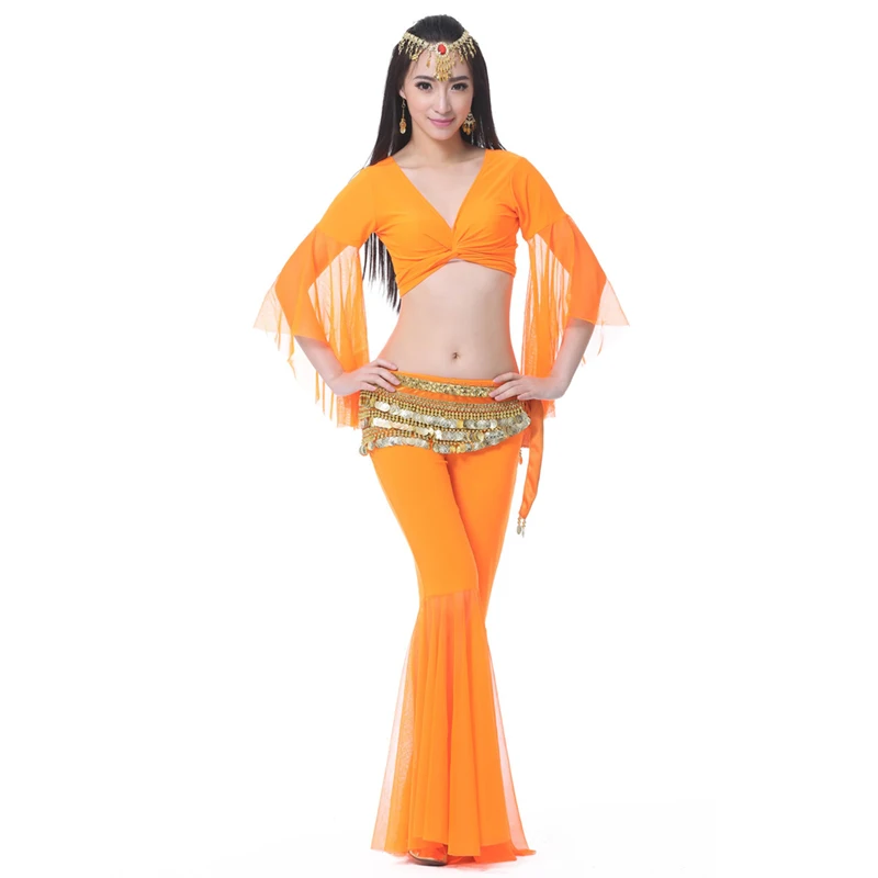 Belly Dance Costumes Mesh Set Performance Set Women's Top Long Pants Waist Chain Eastern Trousers Ethnic Dance 3 Piece Set