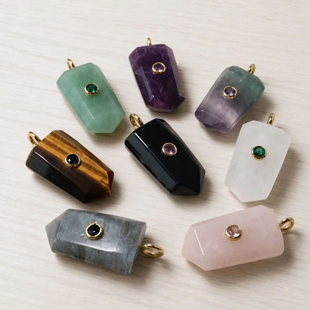 38x18mm Natural Stone Hexagon Column Pendant with Zircon Gold Tone Bail Faceted Crystal Charms for Necklace DIY Jewelry Making