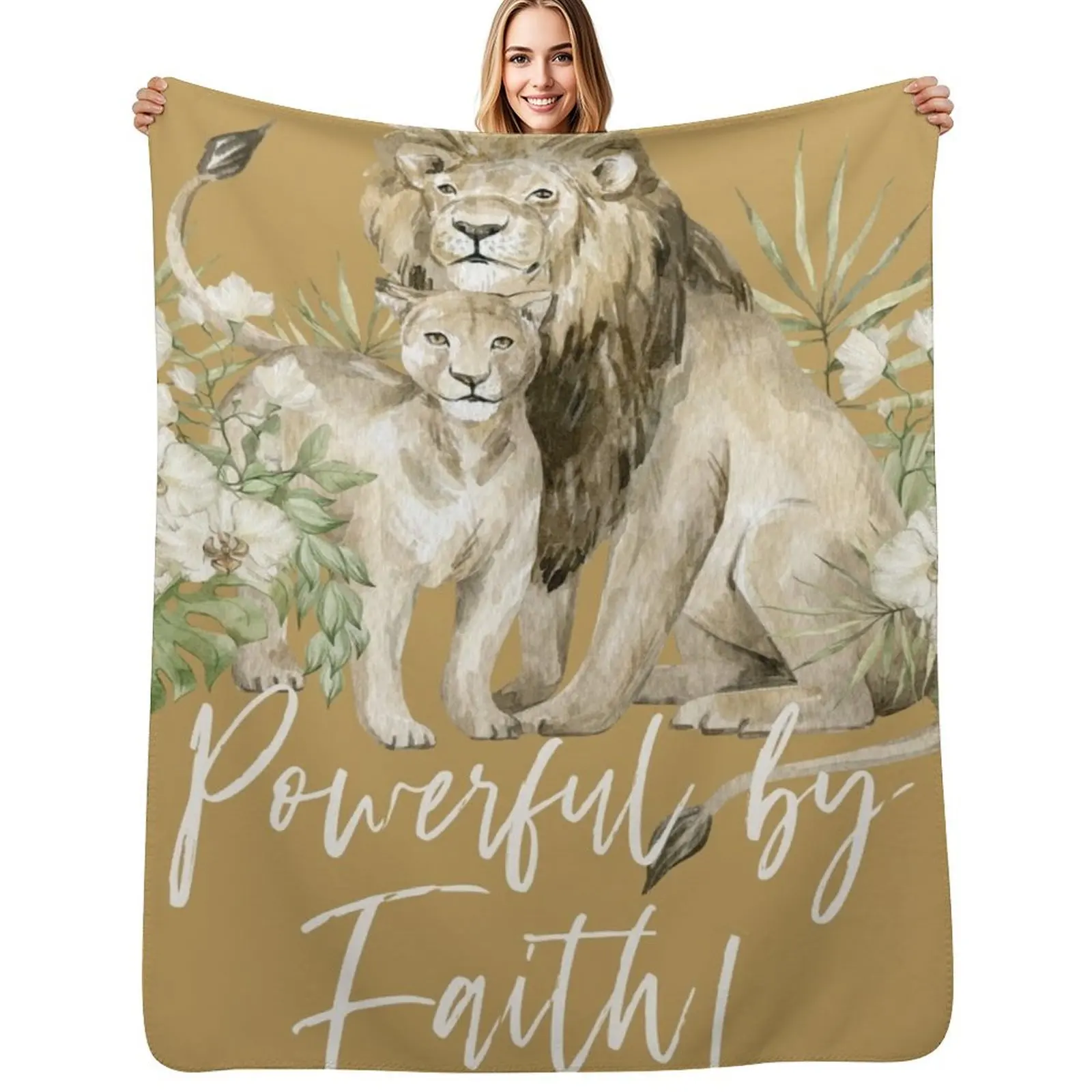 POWERFUL BY FAITH! (LION) Throw Blanket Machine Washable Soft Warm Blanket