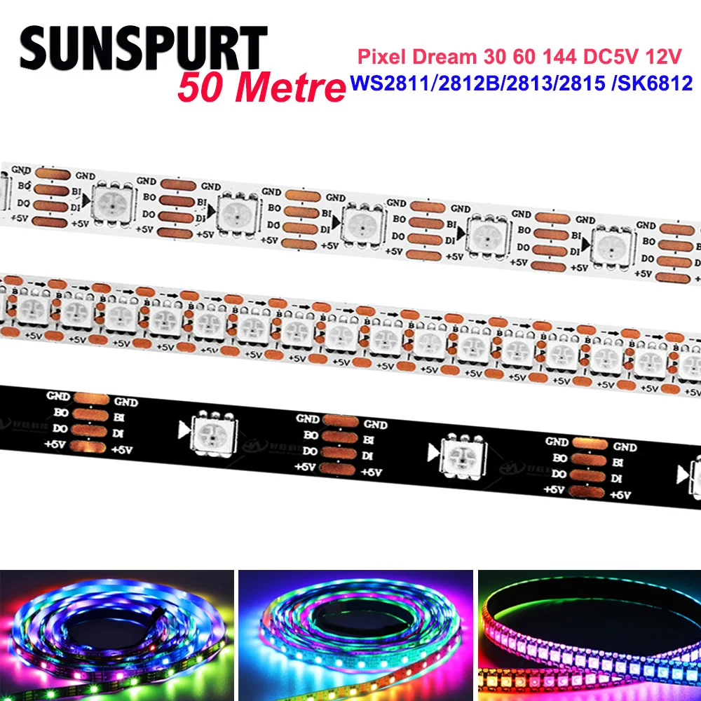 

DC5V 12V WS2812B 2811 Individually Addressable RGB Led Strip WS2813 Smart Pixels Led Light Black White PCB Waterproof IP30/65/67