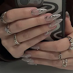 Wearable Silver Stripes Unhas Postiças, Amêndoa Longa, Dicas De Unhas Redondas Da Moda, Pressione Com Projetos De Contas De Prata, Arte De Unhas Falsas, Y2k