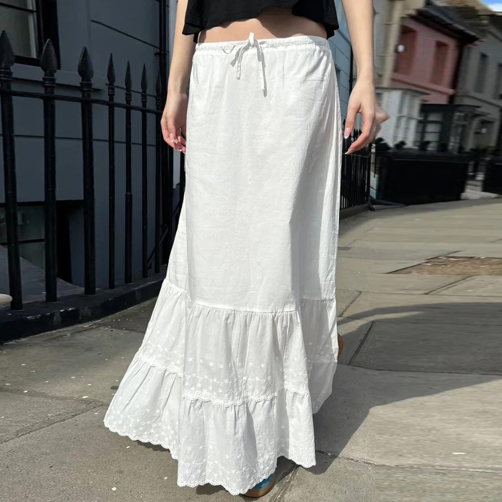 

Women's Aesthetic Embroidered Maxi Skirt Ruffled Seams Drawstring Tie Waist Solid Color Flowing Skirt Streetwear