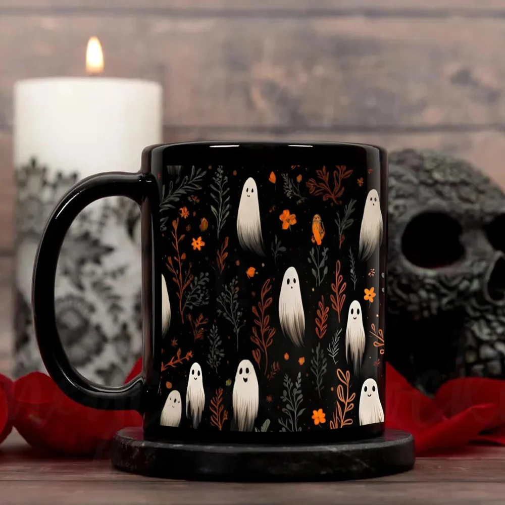 Halloween white ghost pattern black ceramic mug