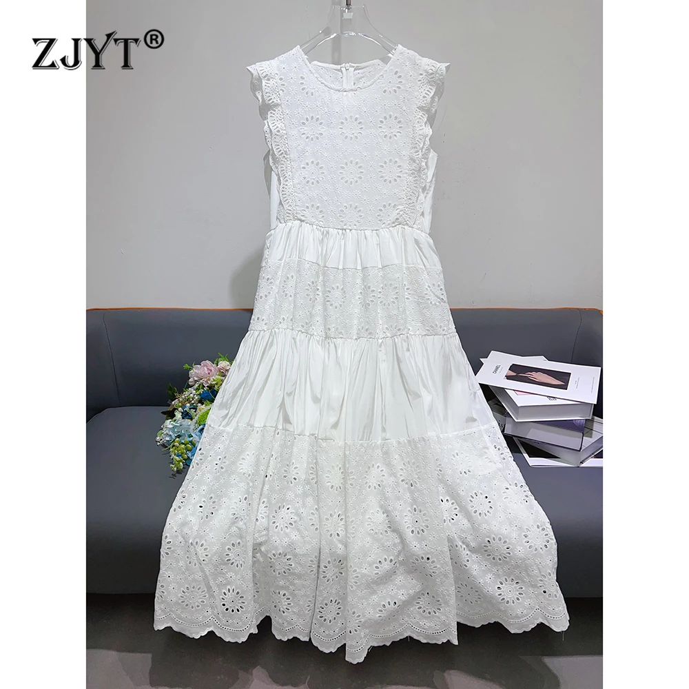 

ZJYT Summer Hollow Out Embroidery White Dress Women Fashion Sleeveless Casual Midi Vacation Dresses Vestidos Female Clothes 2025