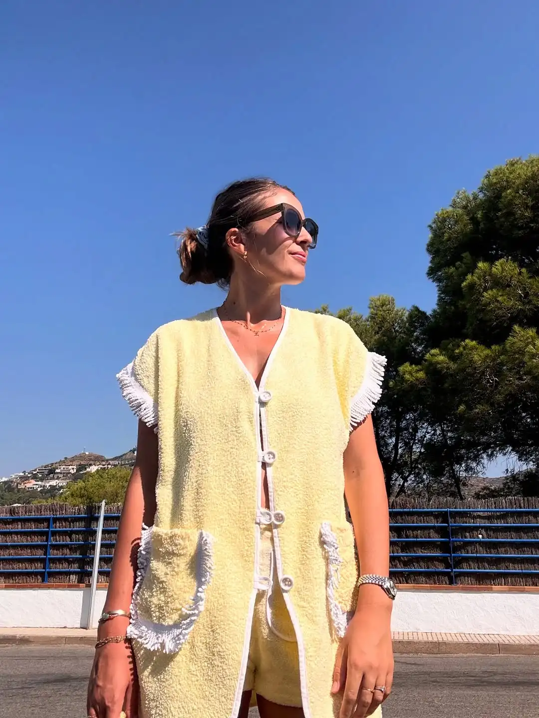 Bright Yellow Fringe Terry Cloth Beach Cover Up Shirt Women V Neck Short Sleeve Pocket Loose Swim Pool Resort Vacation Casual