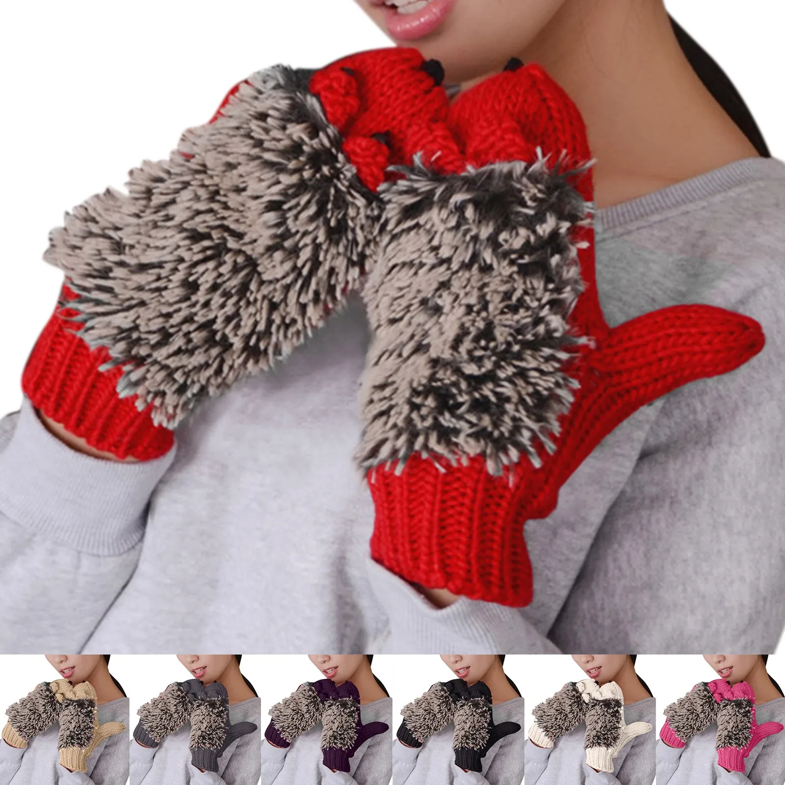 Fleece Warm Knitted Gloves Winter Thick Cute Hedgehog Mittens Cold Weather Plush Soft Gloves Winter Accessories guantes