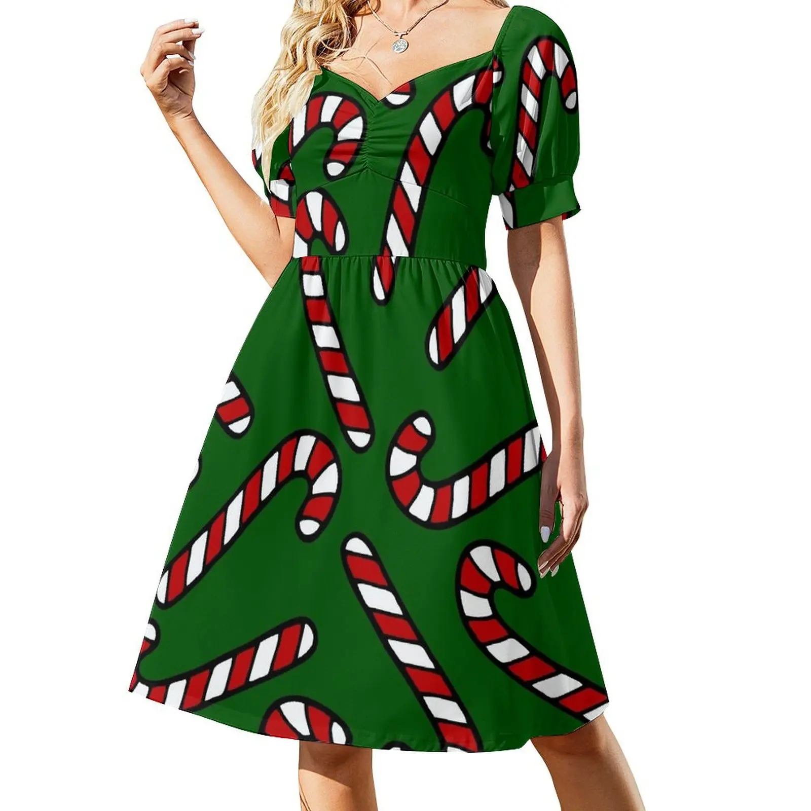 Candy Cane Pattern Dark Green Short Sleeved Dress ladies dresses for special occasions Clothing Dress