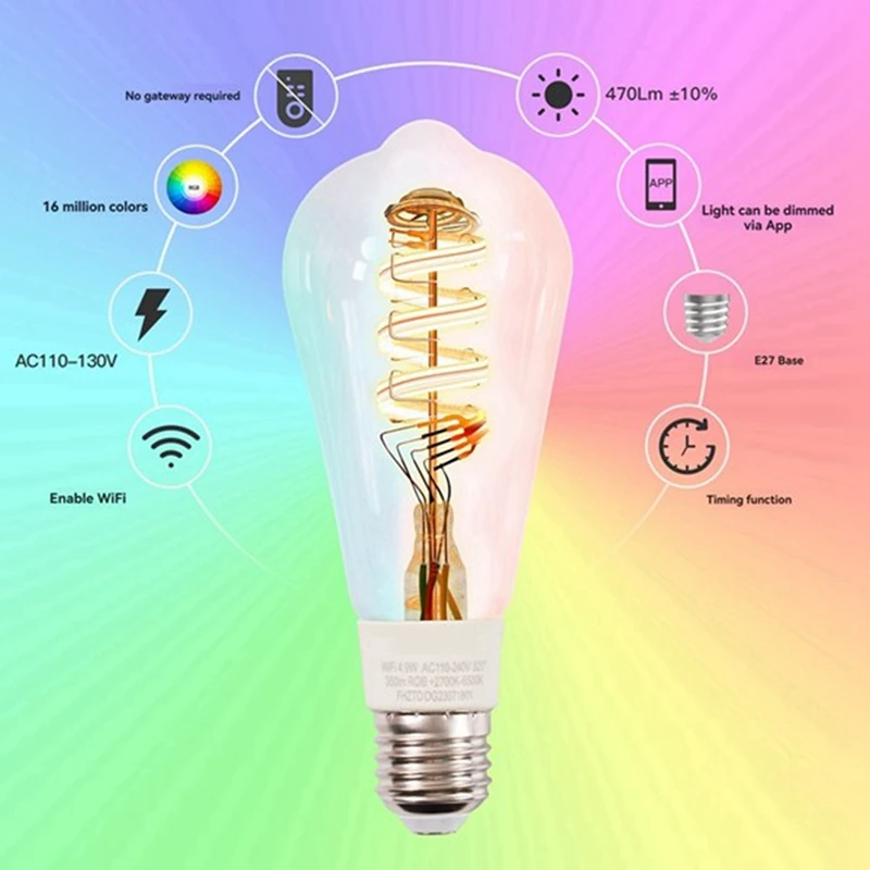 APPLIA-2Pcs Tuya Smart Wifi Lâmpadas ST64 LED Luz 16 milhões de cores RGB mudando 2700K-6500K regulável para Google Home