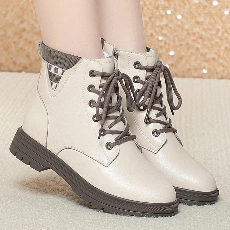 

Real Soft Leather Thick Soled Ankle for Women in Spring Autumn Flat Short Boots in Winter With Cashmere Warm Cotton Martin Boot