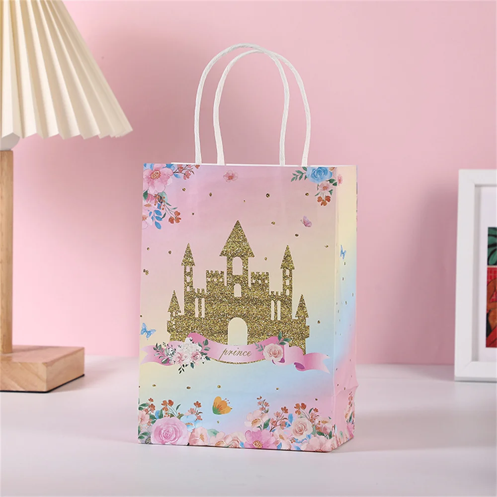 4Pcs Gift Paper Bags Butterfly Crown Castle Print Paper Tote Bags for Wedding Birthday Party Candy Cookies Packaging Decorations