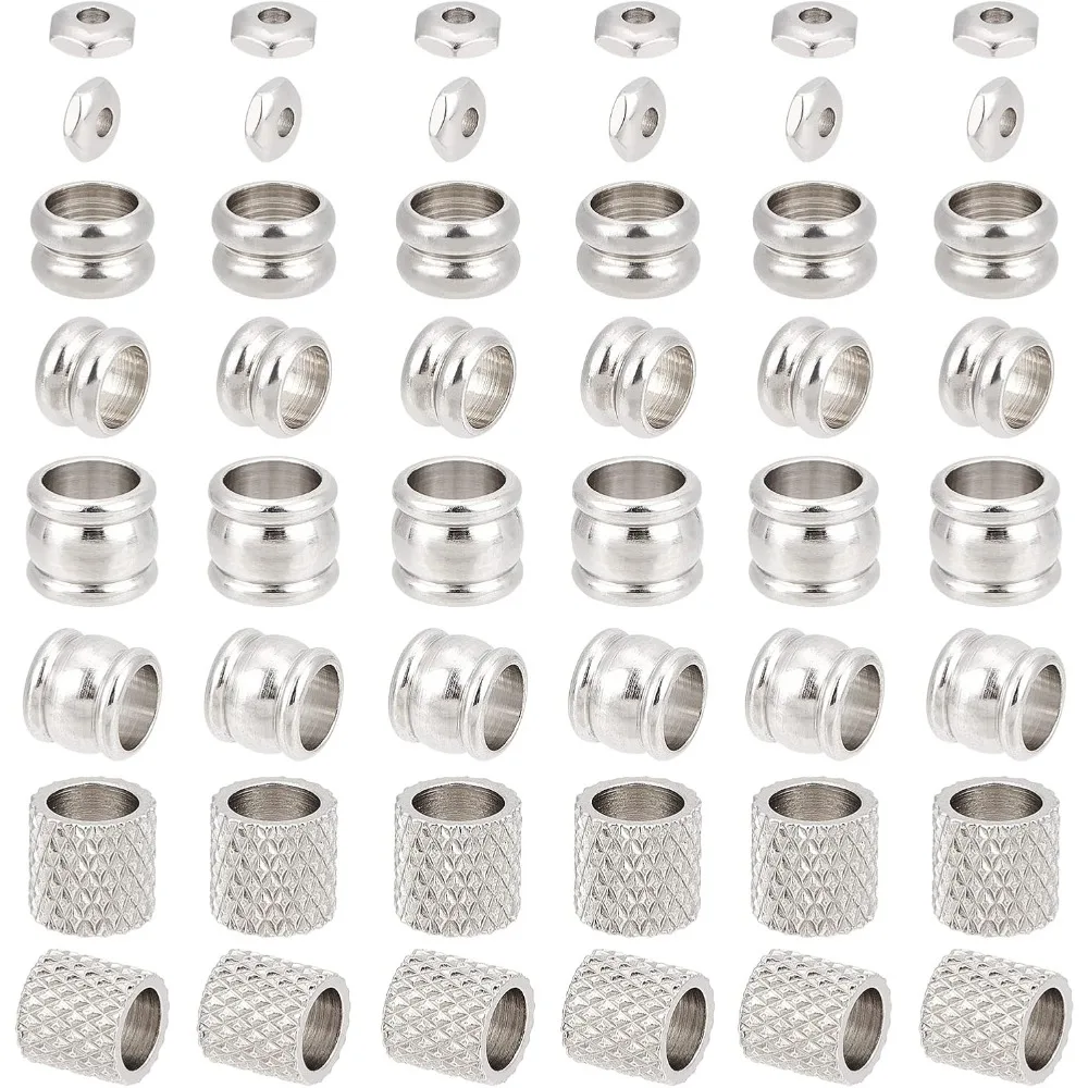 80Pcs 4 Styles Stainless Steel Spacer Beads Large Hole Loose Beads Column and Hexagon Shape DIY Beads for Making Bracelet