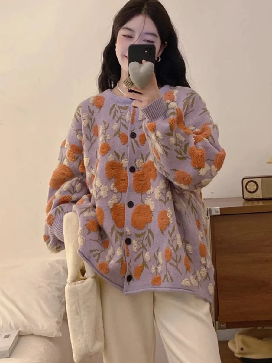 

Autumn Winter New Long Sve Embroidered Knitted Open Cardigan Sweater Women Loose Large Size Top Korean Sle Commute Faion