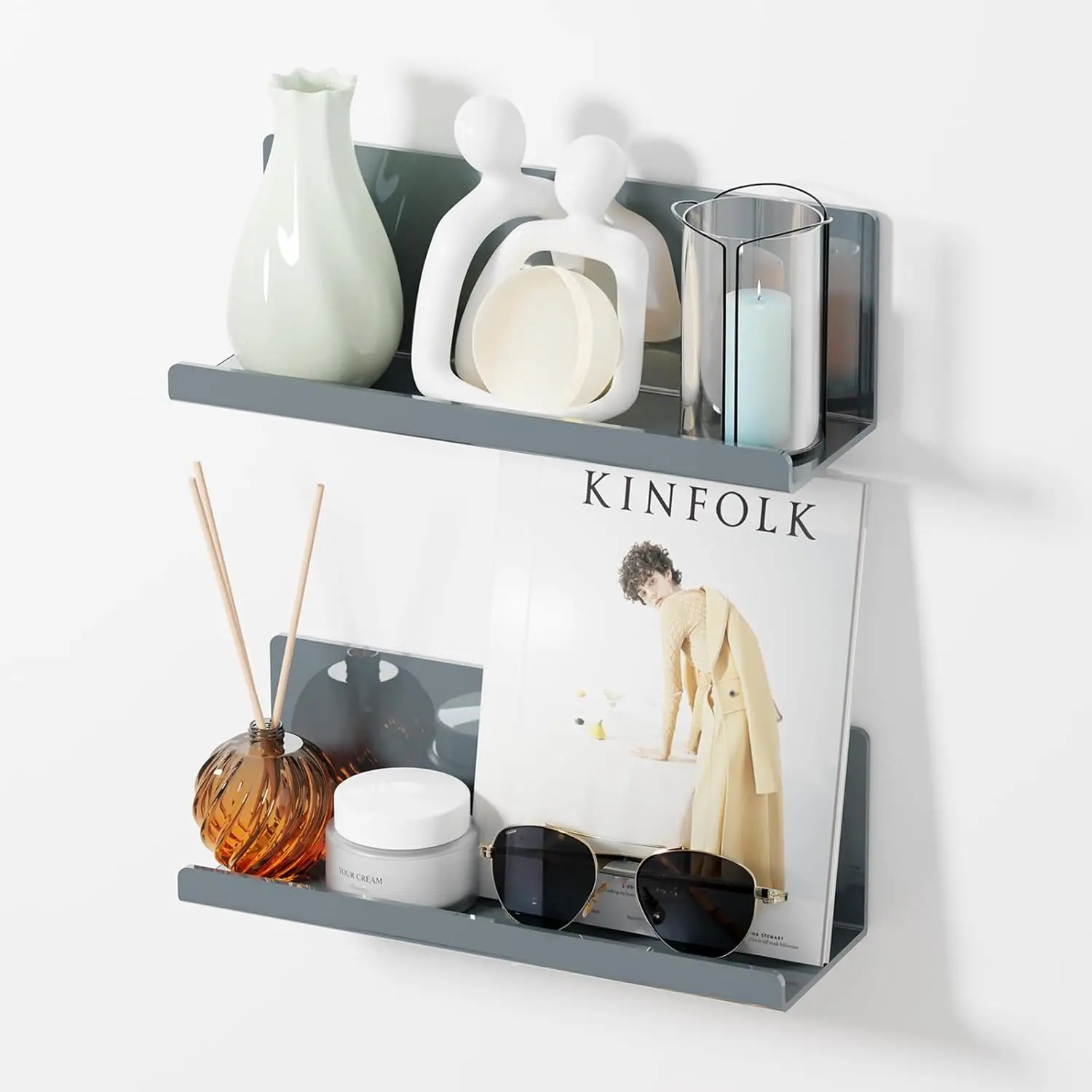 Adhesive Floating Shelves for Wall No Drilling, 12 Inch Acrylic Self Adhesive Shelves, Stick on Shelves, Dorm Wall Shelf...