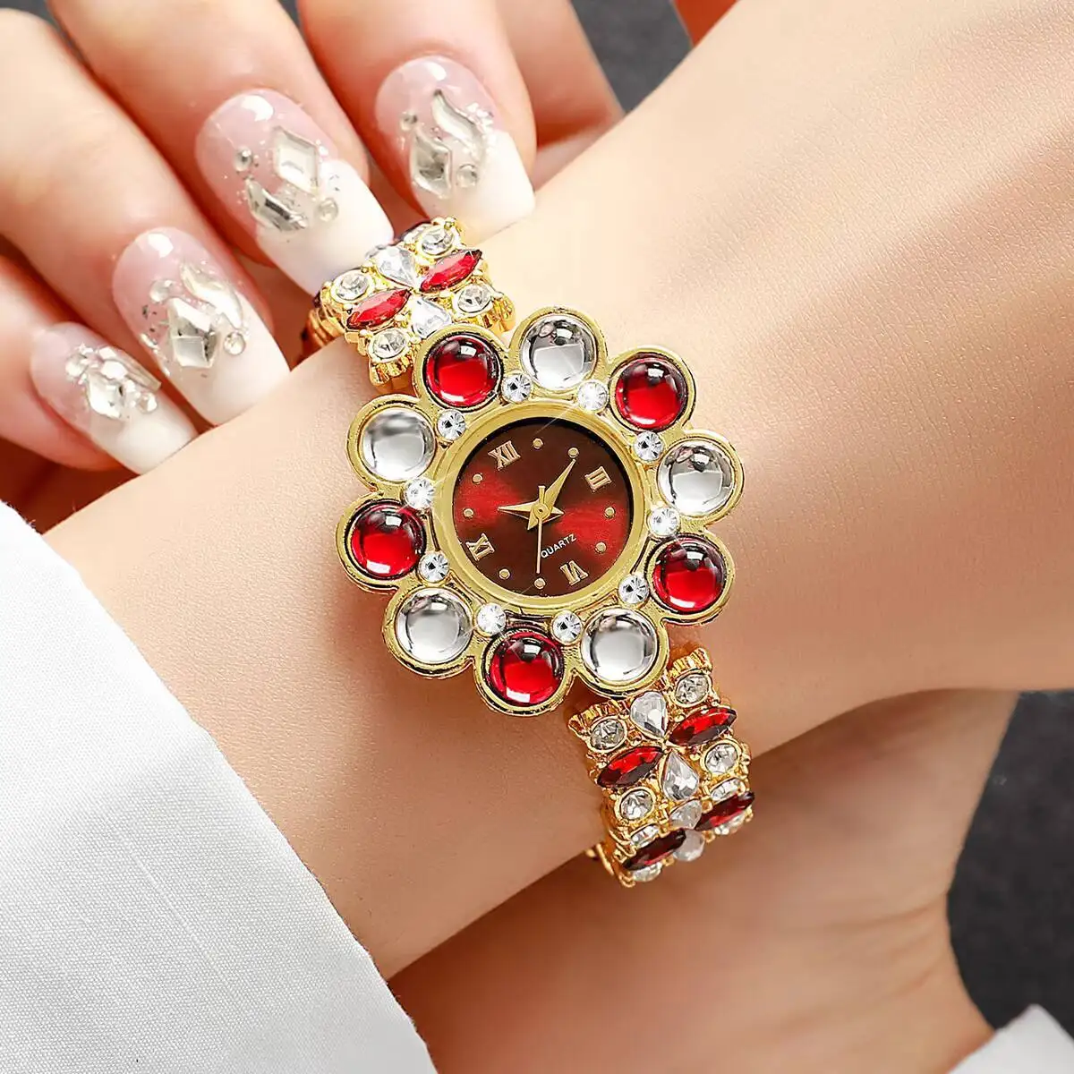 4 шт./компл., роскошные женские кварцевые часы со стразами и цветами, элегантные женские наручные часы Reloj Mujer, часы для девочек, подарок (без коробки)