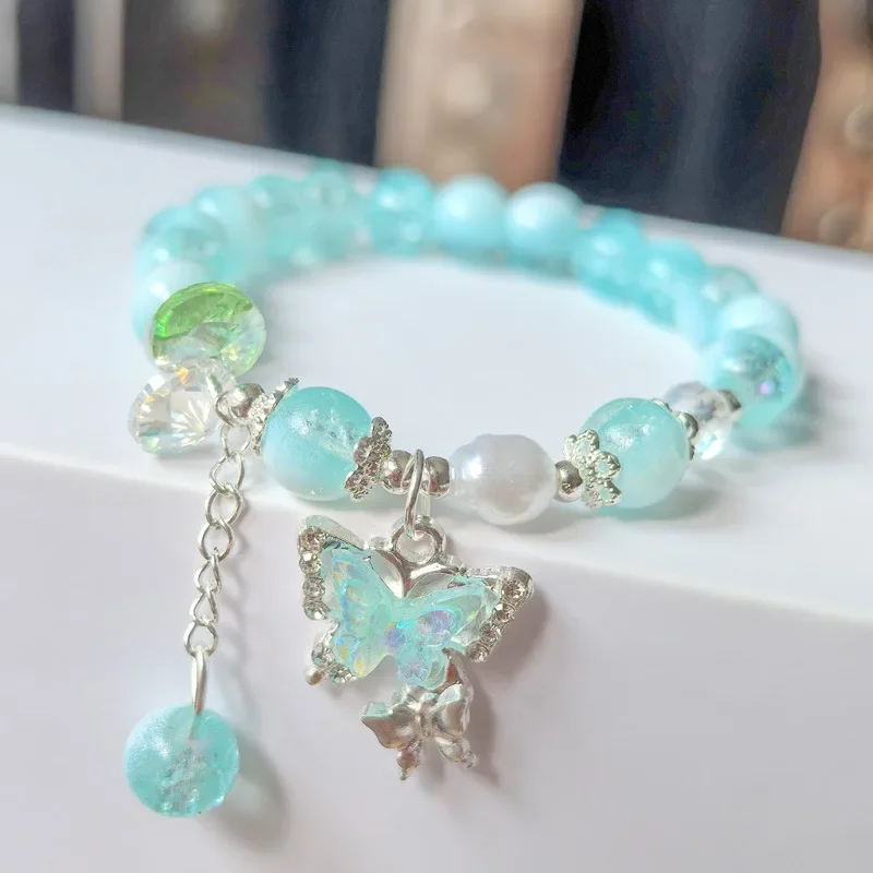 Pulsera con cubierta de leche de cristal con forma de mariposa, pulseras de estilo fresco para novias y estudiantes, joyería para amigos, cadena de cuentas de regalo