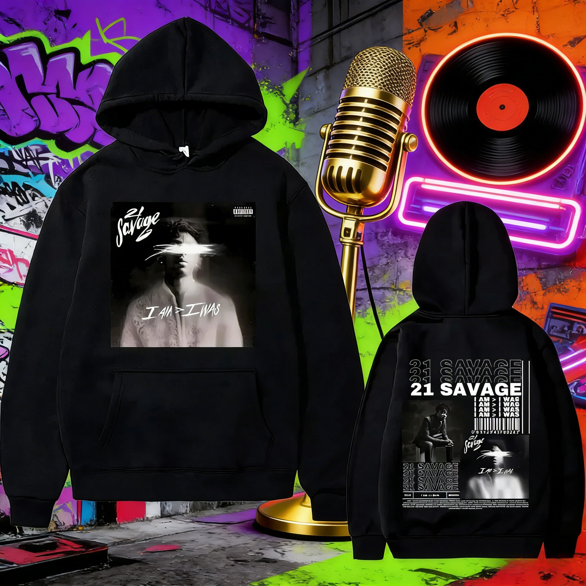 مغني الراب 21 سافاج أنا ألبوم موسيقى الرسومات 2025 الخريف والشتاء الأكثر مبيعا مطبوعة قلنسوة من القطن ملابس فضفاضة عتيقة