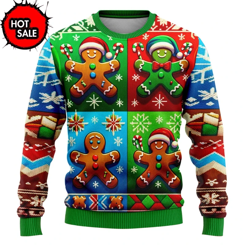 Newest Fashion Men Ugly Christmas Sweater Funny Gingerbread Man Pattern Sweatshirt Pullover Boys Women Crew Neck Hoodie Clothes