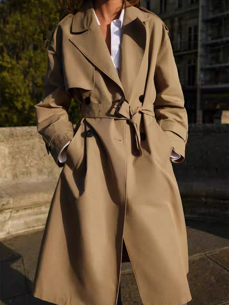 Autumn 2025 New Women's Long Double-breasted Coat with Stand Collar Slit Waist Belt Faionable Ele Ethnic Sle