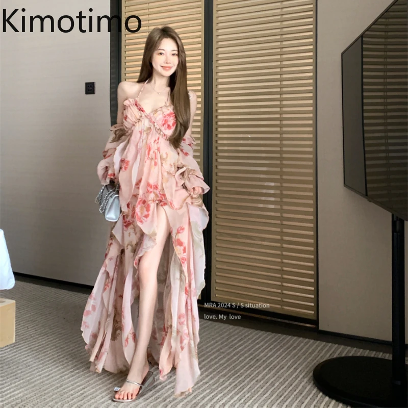 Kimotimo Off Shoulder Floral Beach Dress Women French Sexy Sweet Halter Irregular Party Long Dresses Fairy Backless Y2k Vestidos