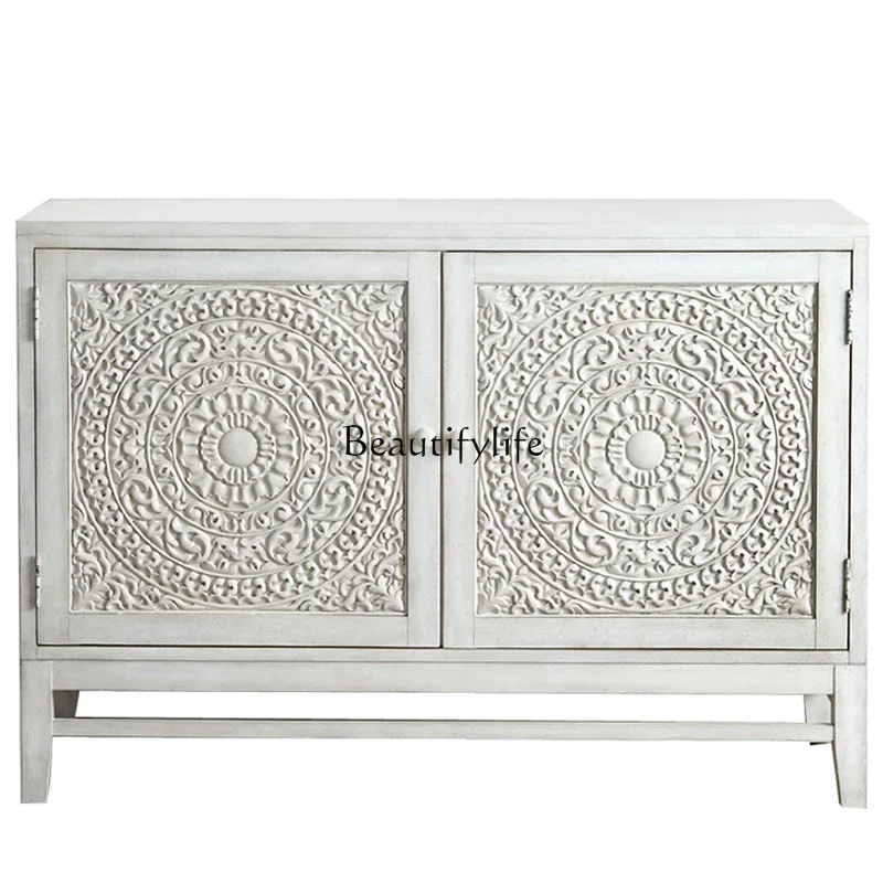 

05-*American all-solid wood relief porch shoe cabinet integrated foyer cabinet white old