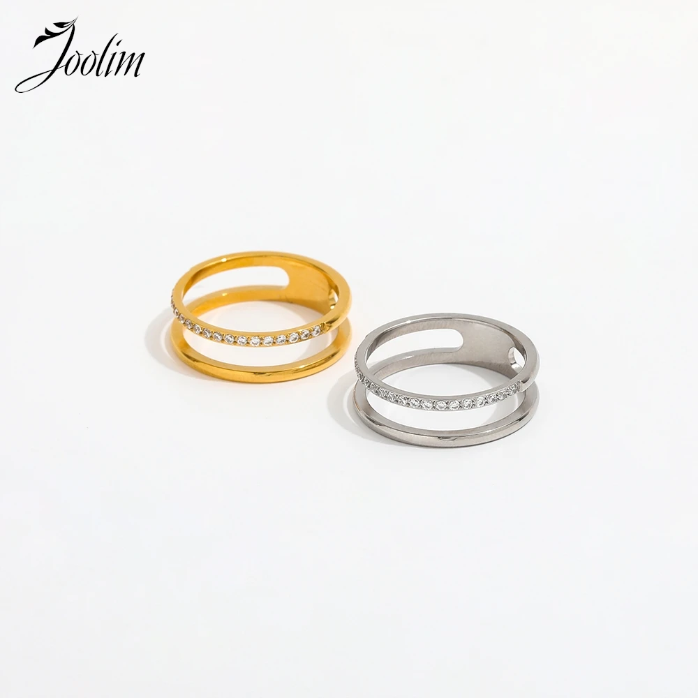 

Joolim High End PVD Fashion Hollow Double Layer 20 Micro Zirconia Couple Rings for Women Stainless Steel Jewelry Wholesale