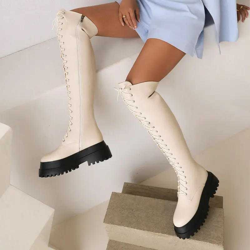 Patent Leather PU Black Punk Gothic Girls Winter Warm Shoes Lace-up Cross Tied Platform Thick Sole Flat Overknees Women Boots