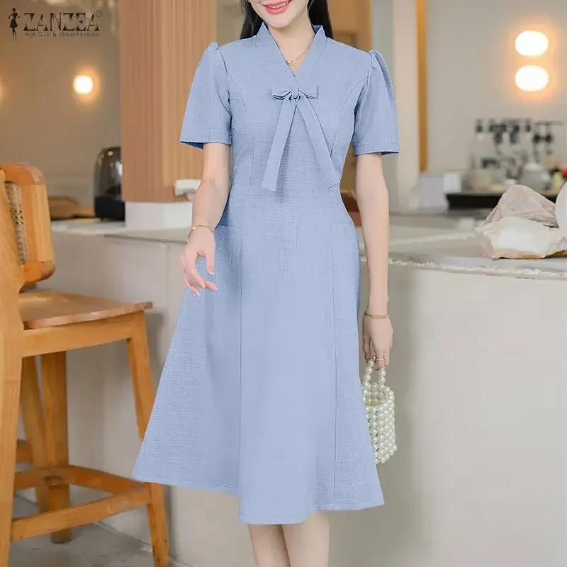 ZANZEA-vestidos elegantes de oficina para mujer, Vestido de fiesta con cuello de pico, Vestido liso de trabajo hasta la rodilla, Vestido de manga corta 2026