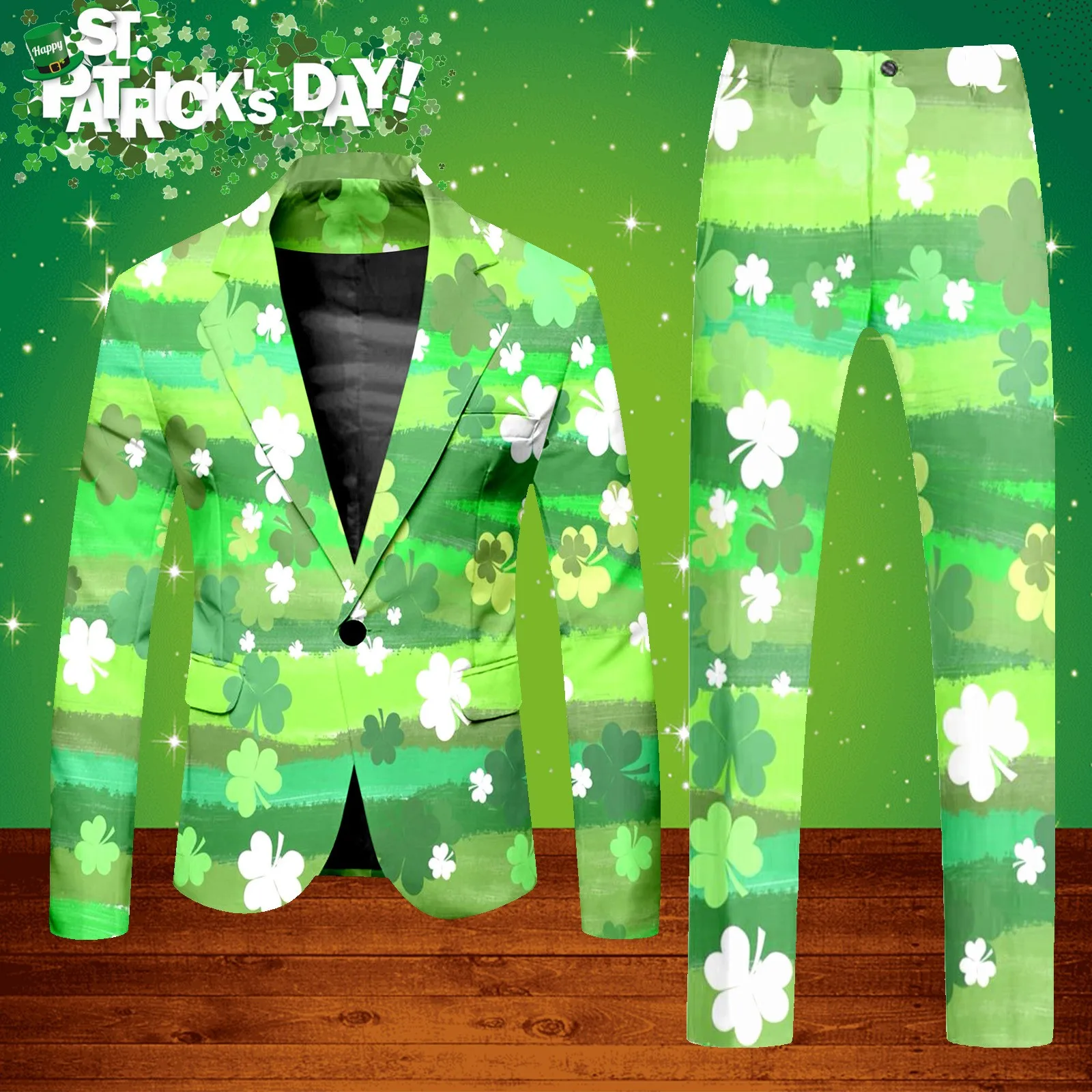 Mens Stage Prom Suits Jacket Pants Men Dance Festival 3.17 Happy St. Patrick’s Day Green Tee Print Party Costume Blazers Suits