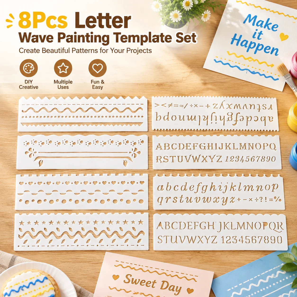 8Pcs Letter Wave Painting Template Set Plastic DIY Stencils for Wall Scrapbook Bakery Coloring Embossing Cards 18.5x5.5cm