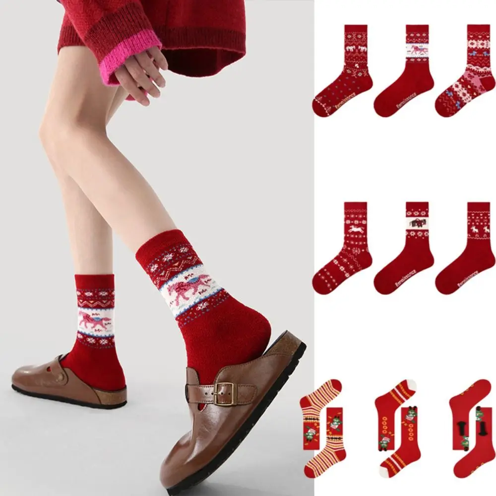 

3 Pair Red Horse Female Elastic Striped Socks Cotton Winter Thickened Snow Boot Socks Knitted Middle Tube Socks New Year Gift