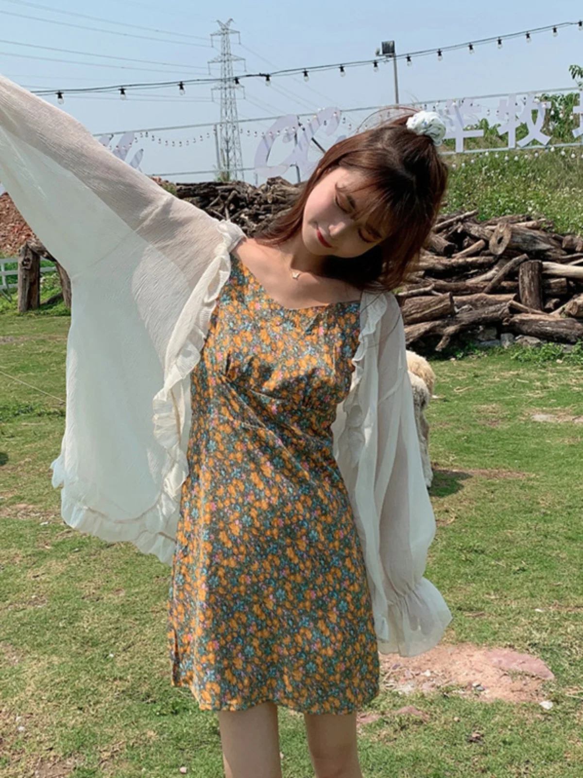 Ele Summer Thin Chiffon Top awl Women's Outerwear Sun Protection Korean Sle Bubble Sve V-ne Regular Length