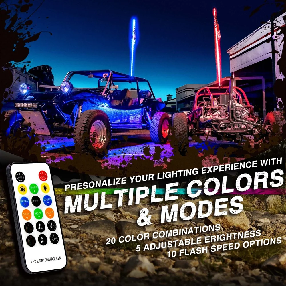 Látigo de luces LED en espiral para ATV Polaris RZR, 2 piezas, 4 pies, 5050RGB, Bluetooth y Control remoto