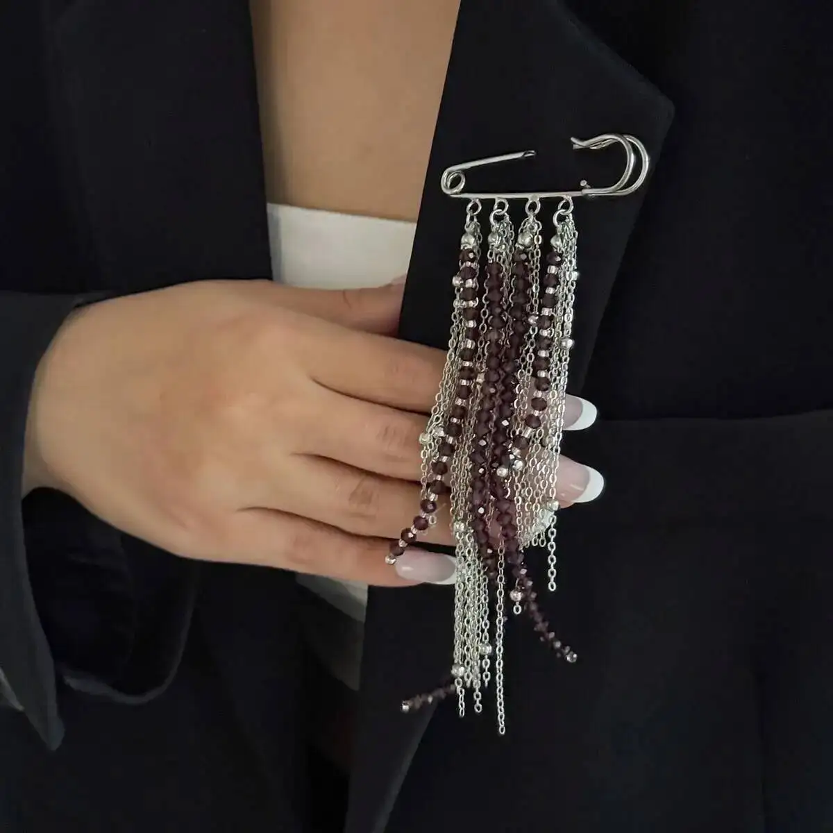 IngeSight.Z 2026 Exaggerated Silver Color Tassel Chain Women Brooch Handmade Bead Multilayer Chain Fixed Needle Clothing Decorat