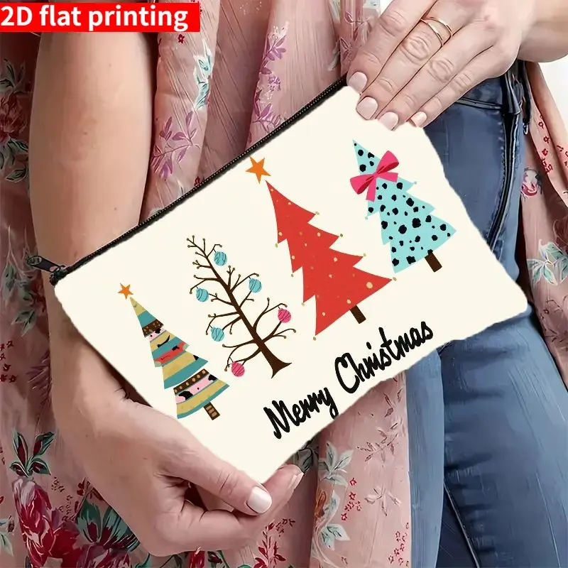 Festive cartoon Christmas tree print cosmetic bag，With zipper closure，Lightweight、Portable、Foldable cosmetic storage bag，Cute Me