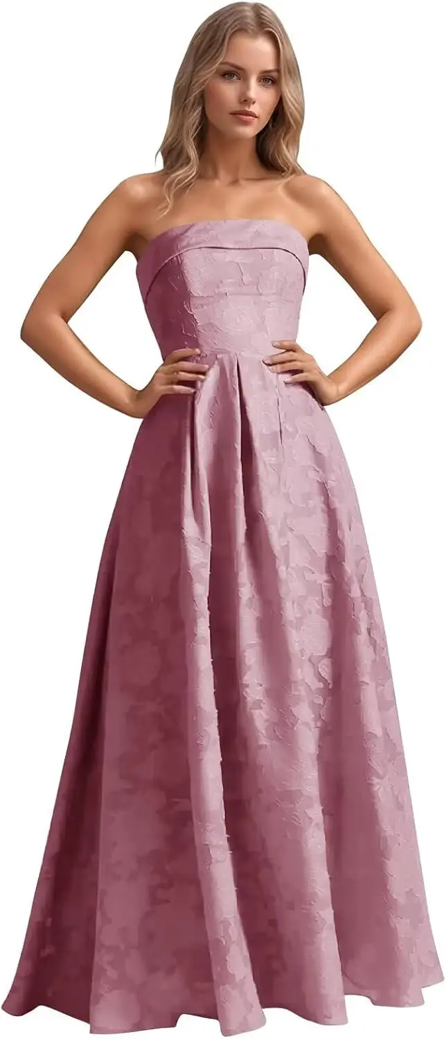 

Long Bridesmaid Dress Jacquard Floral Prom Dresses Strapless Maxi Evening Gowns A-Line Ruched Formal Party Dress Elegant