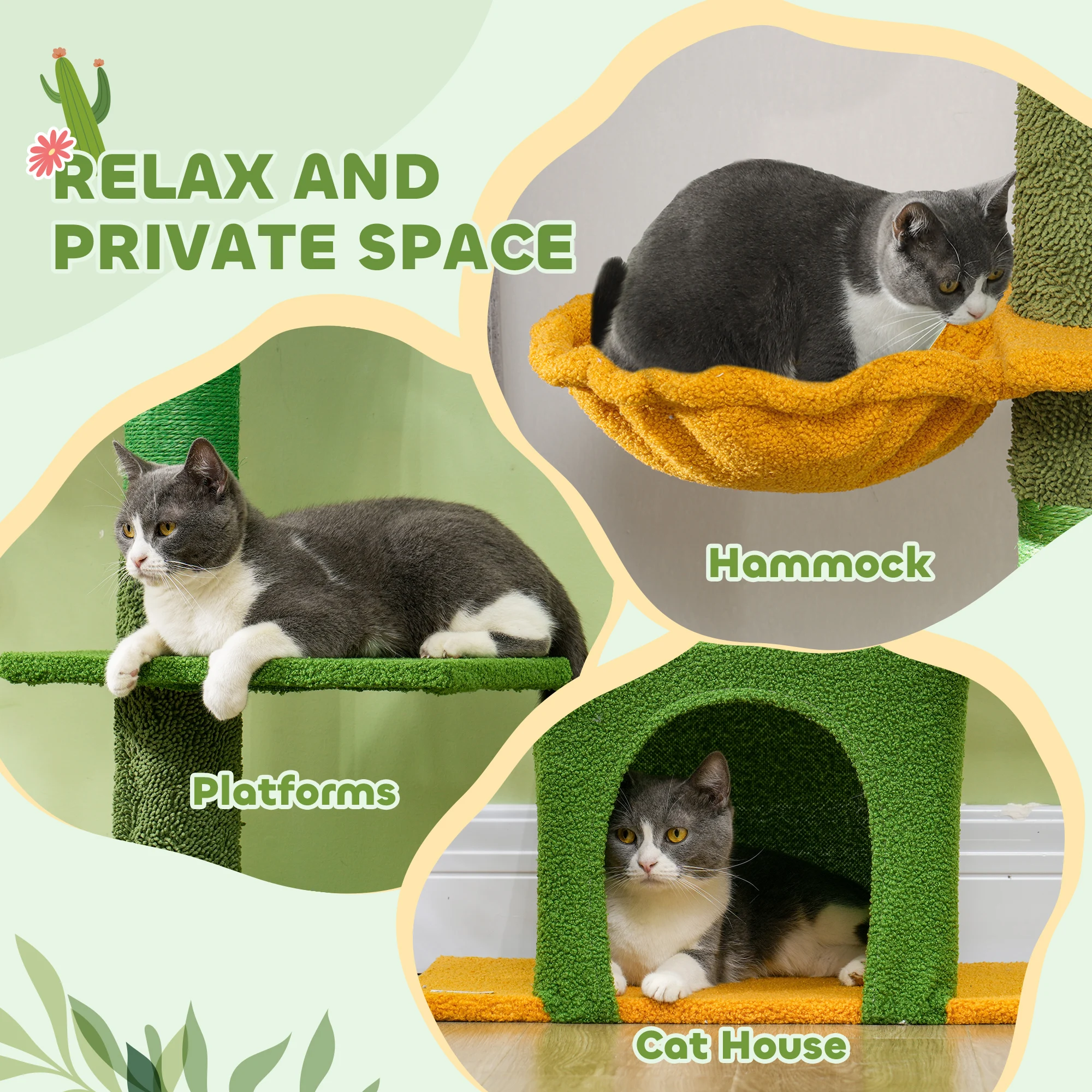 PawHut Floor to Ceiling Cat Tree, 230-275cm Height Adjustable, 6-Level with Scratching Posts Ball, Green