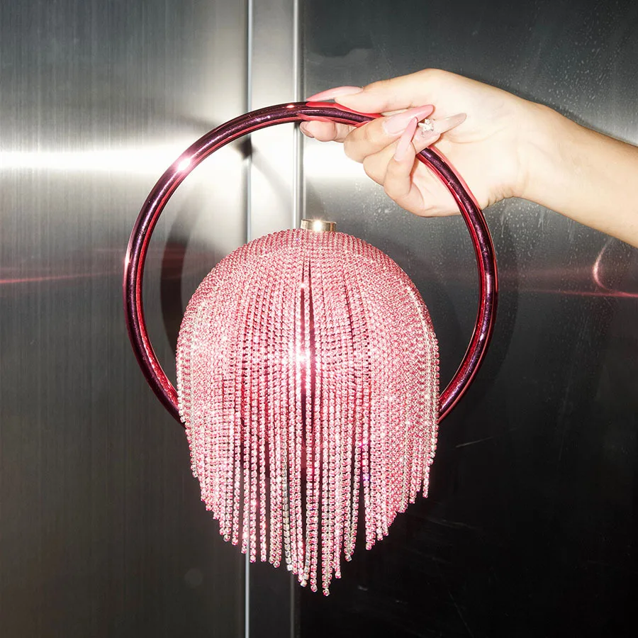 Sweet and cool candy color rhinestone fringed ball dinner bag ring portable design gorgeous eye-catching party hand bag
