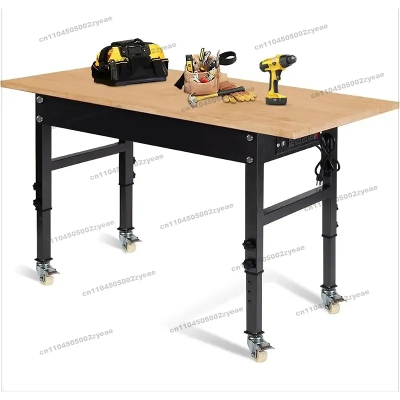 

60" Adjustable Work Bench, Rubber Wood Top Heavy-Duty Workbench with Power Outlet with Wheels,