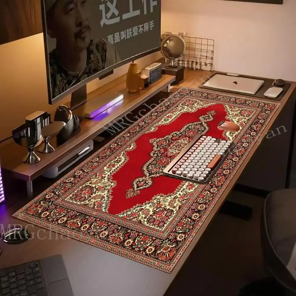 A huge Persian carpet, a mysterious retro carpet, a Pc player mouse pad, a rubber mouse pad, a gaming speed keyboard,and office