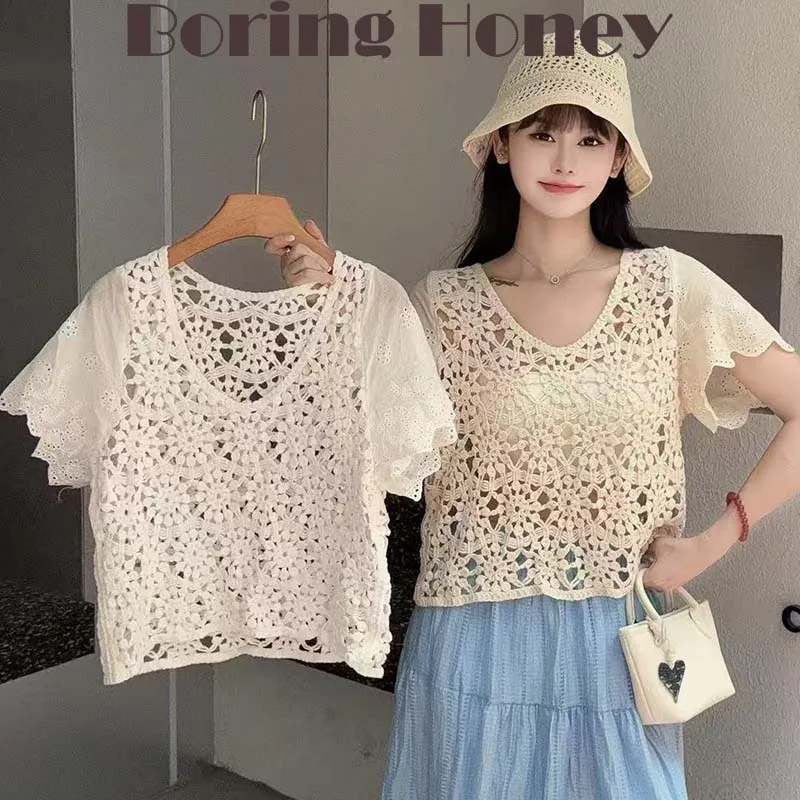 Boring Honey New Hollow Outside With Summer Short Pullover Sweater Hook Flower Sunscreen Thin Coat Short Sleeve All-Match Woman
