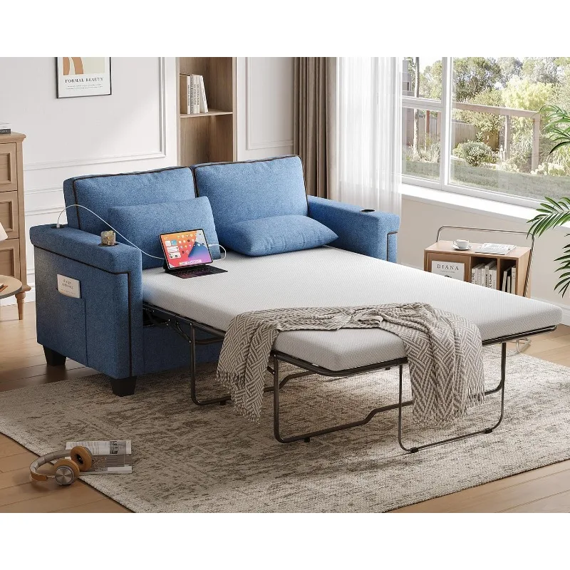 2-in-1 convertible pull-out sofa bed with USB charging interface, compact living space, apartment, office, blue